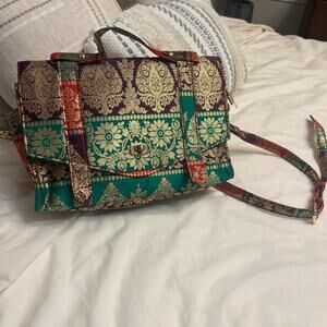 Green Geometric Crossbody Bag with Leather Accents